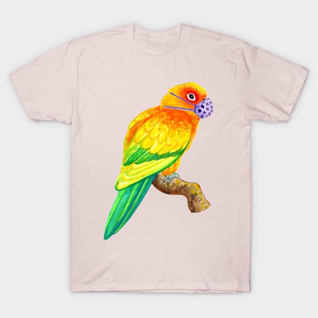 Sun Conure Parrot Wearing Face Mask Watercolor T-Shirt by IvyLilyArt